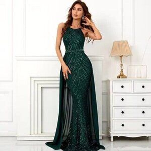 Green, Round Neck, Draped Skirt, Contrast Sequined Mermaid Gown